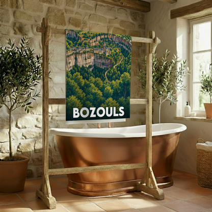 Serviette de bain souvenir de la ville de Bozouls avec une illustration stylisée.