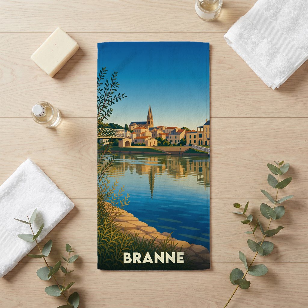 Serviette de bain souvenir de la ville de Branne avec une illustration stylisée des bords de la Dordogne.