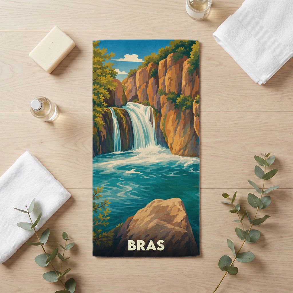 Serviette de bain souvenir de la ville de Bras avec une illustration stylisée de cascade.
