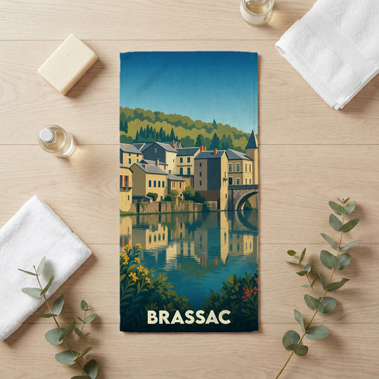 Serviette de bain souvenir de la ville de Brassac ornée d'une illustration stylisée de ses maisons au bord de l'eau.