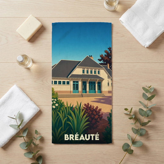 Serviette de bain souvenir de la ville de Bréauté avec une illustration stylisée de sa gare.
