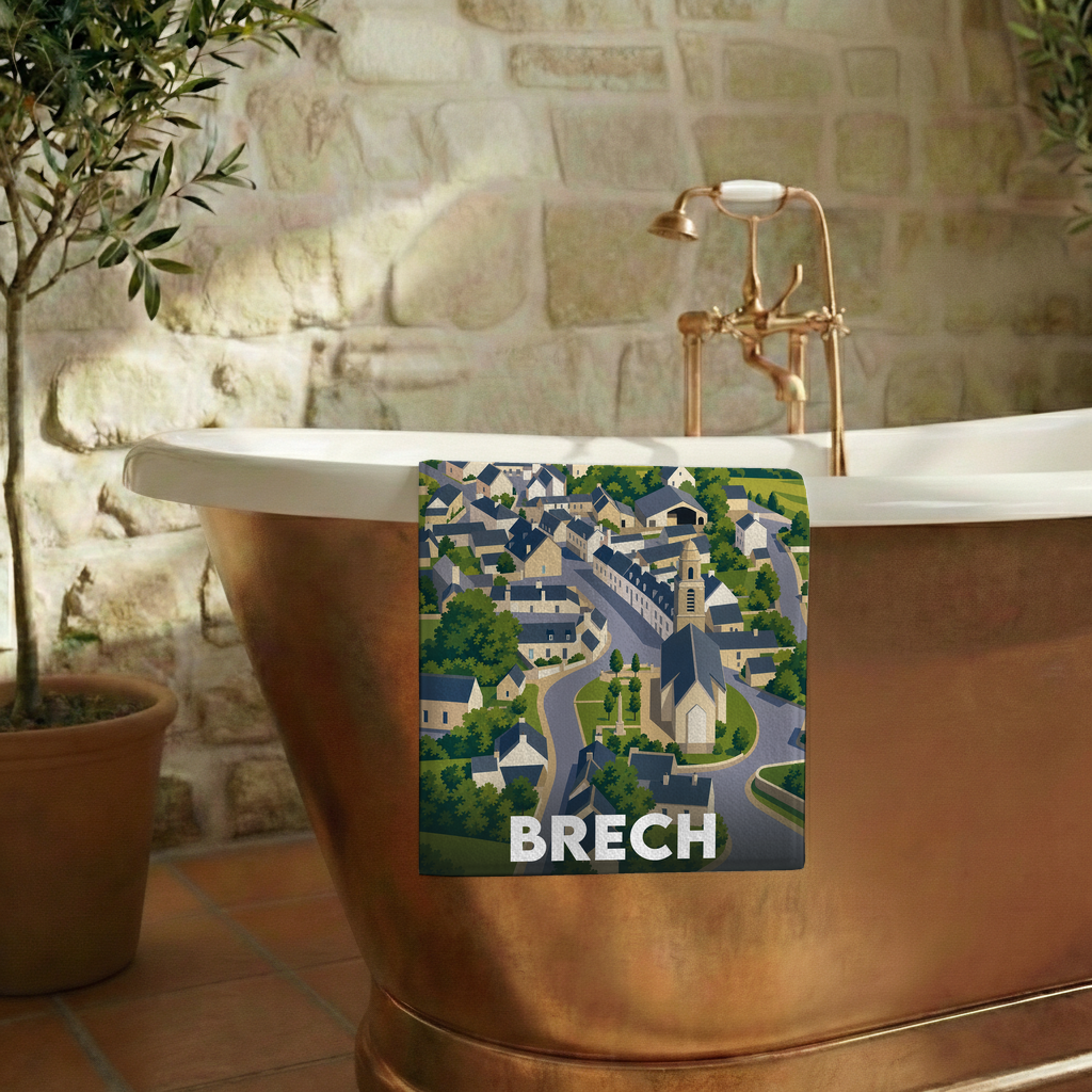 Serviette de bain souvenir de la ville de Brech avec une illustration stylisée.