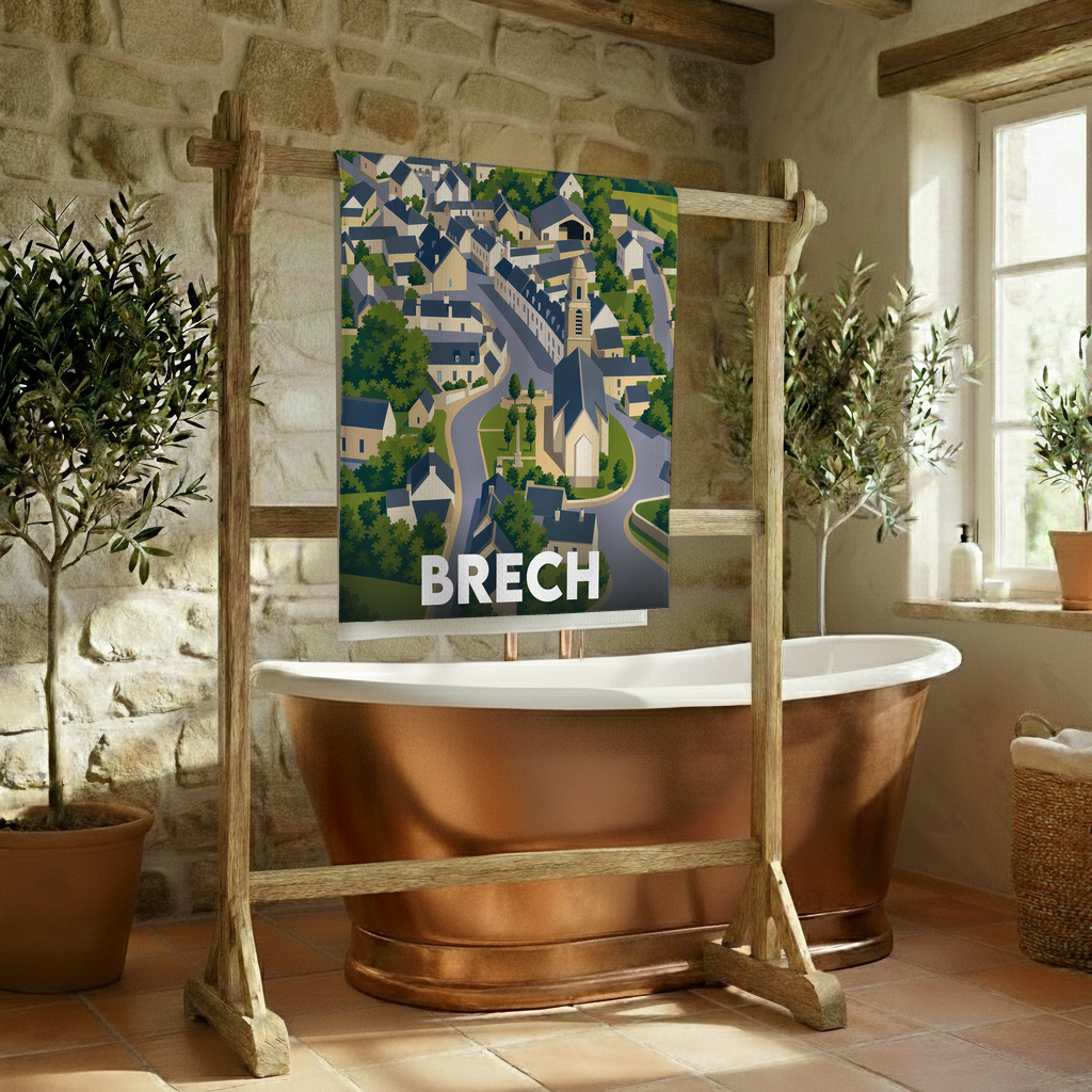 Serviette de bain souvenir de la ville de Brech avec une illustration stylisée.