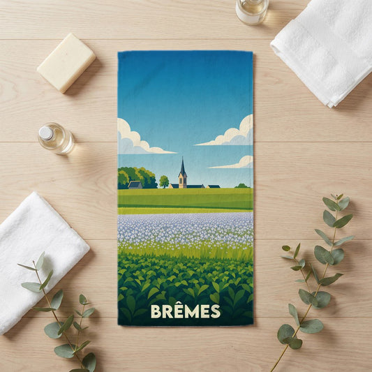 Serviette de bain souvenir de la ville de Brêmes avec une illustration champêtre stylisée.