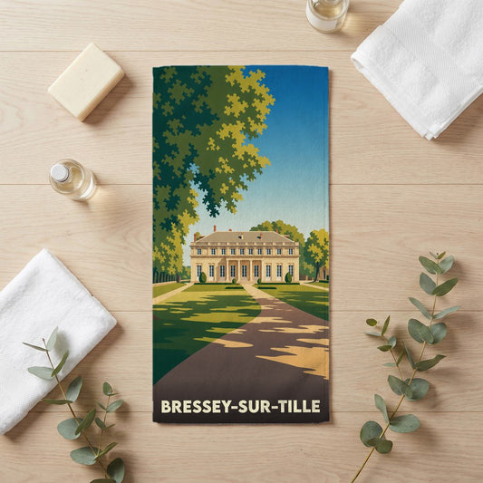 Serviette de bain souvenir de la ville de Bressey-sur-Tille avec une illustration stylisée d'un château.