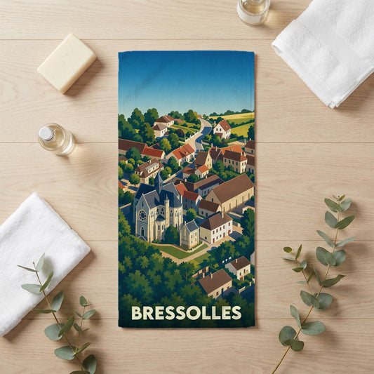 Serviette de bain souvenir de la ville de Bressolles avec une illustration stylisée.