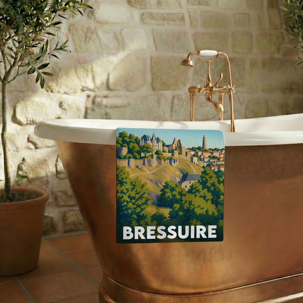 Serviette de bain souvenir de la ville de Bressuire avec une illustration stylisée.