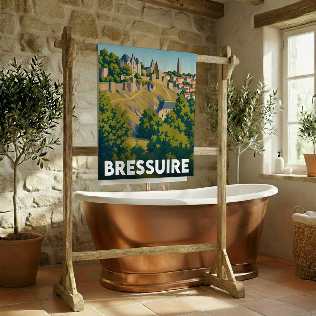 Serviette de bain souvenir de la ville de Bressuire avec une illustration stylisée.