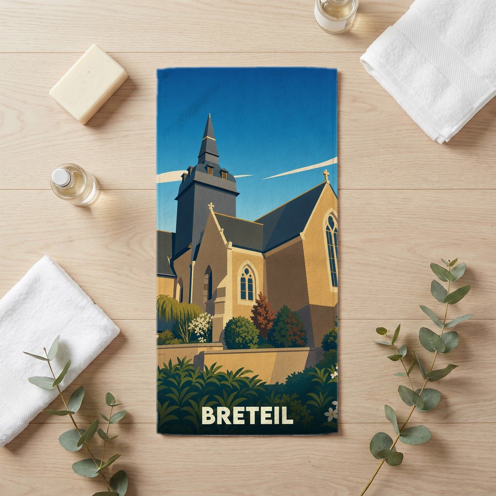 Serviette de bain souvenir de la ville de Breteil avec une illustration stylisée de son église.