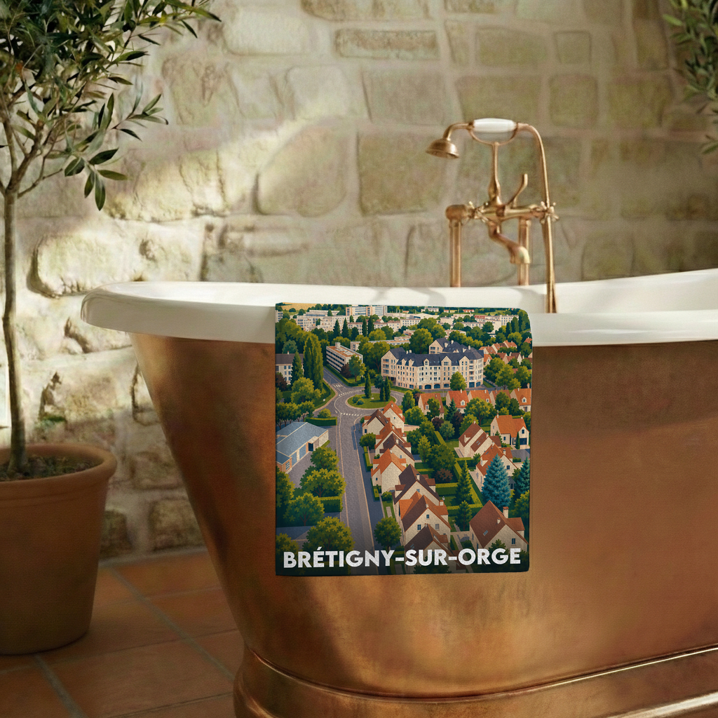 Serviette de bain souvenir de Brétigny-sur-Orge avec une illustration stylisée de la ville.