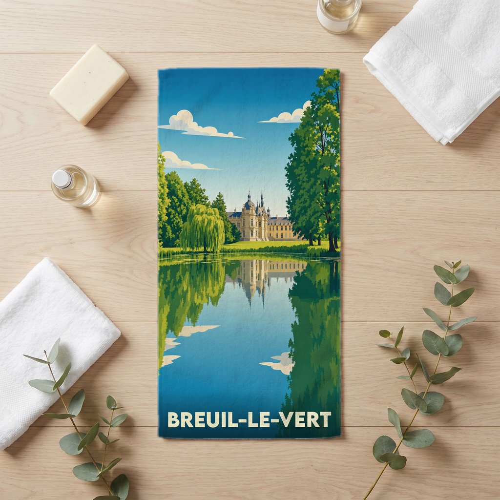 Serviette de bain souvenir de la ville de Breuil-le-Vert avec une illustration stylisée d'un château au bord de l'eau.