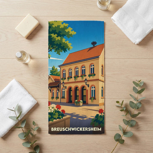 Serviette de bain souvenir de la ville de Breuschwickersheim avec une illustration stylisée d'un bâtiment traditionnel.