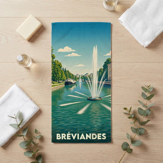 Serviette de bain souvenir de la ville de Bréviandes avec une illustration stylisée d'une fontaine sur un canal.