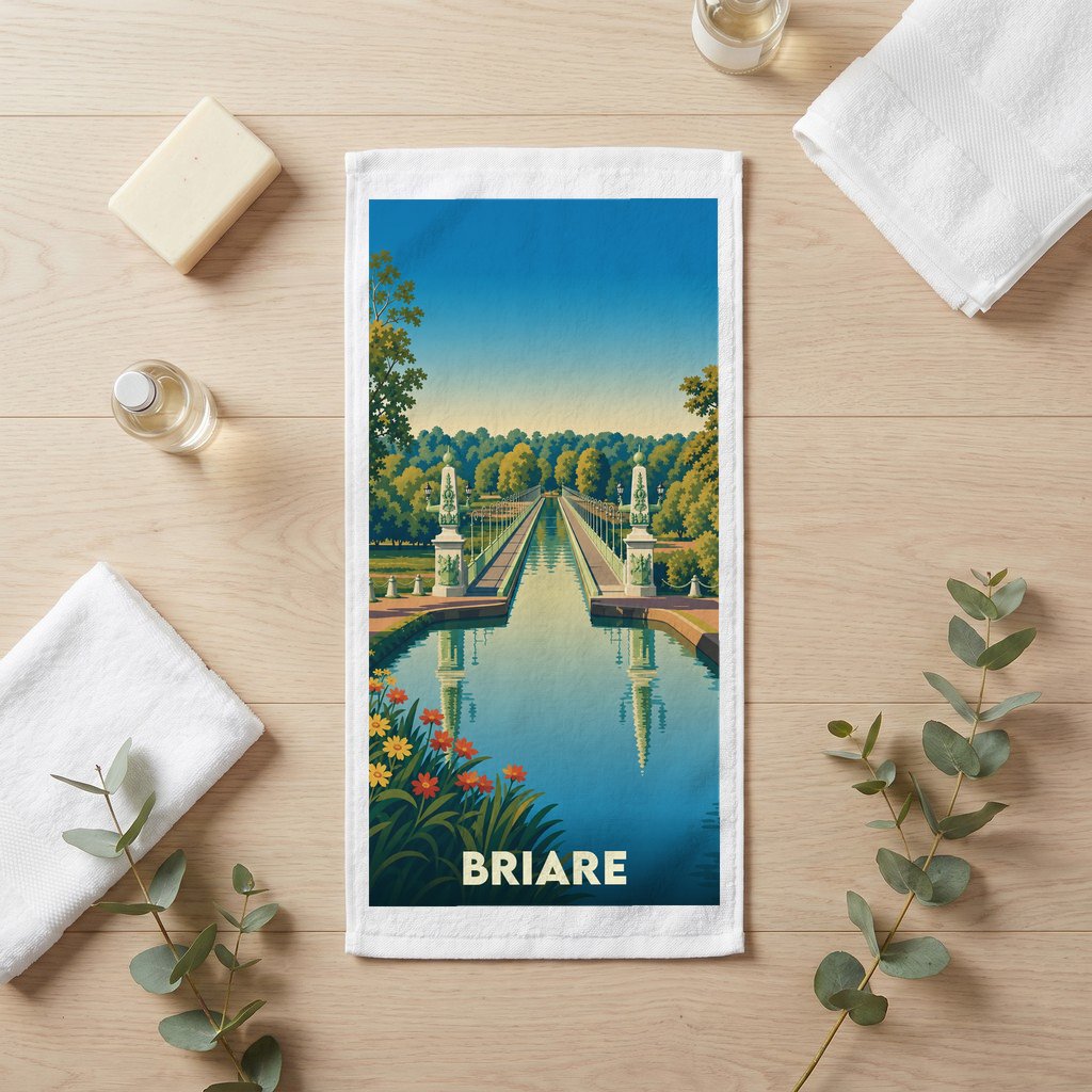 Serviette de bain souvenir de la ville de Briare illustrant son célèbre pont-canal avec un style rétro.