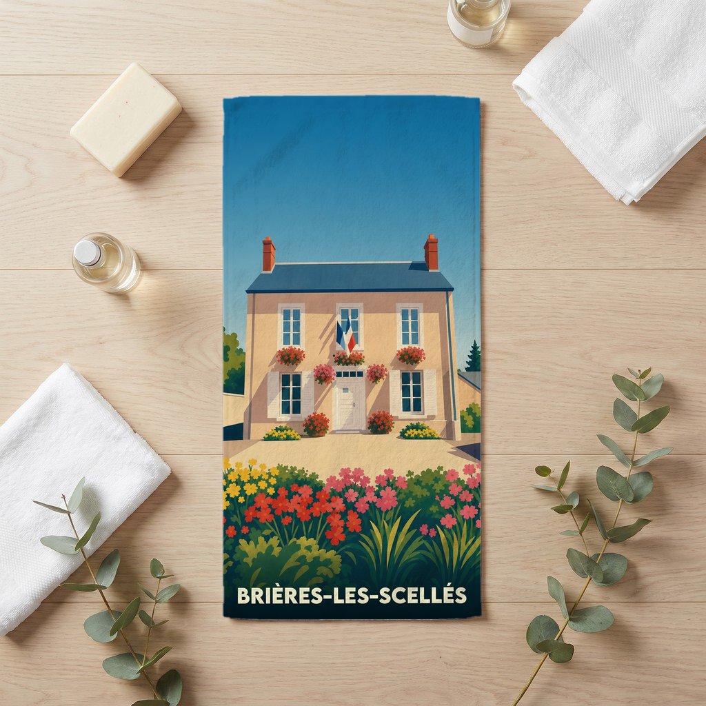 Serviette de bain souvenir de Brières-les-Scellés illustrée d'une mairie française typique entourée de fleurs.