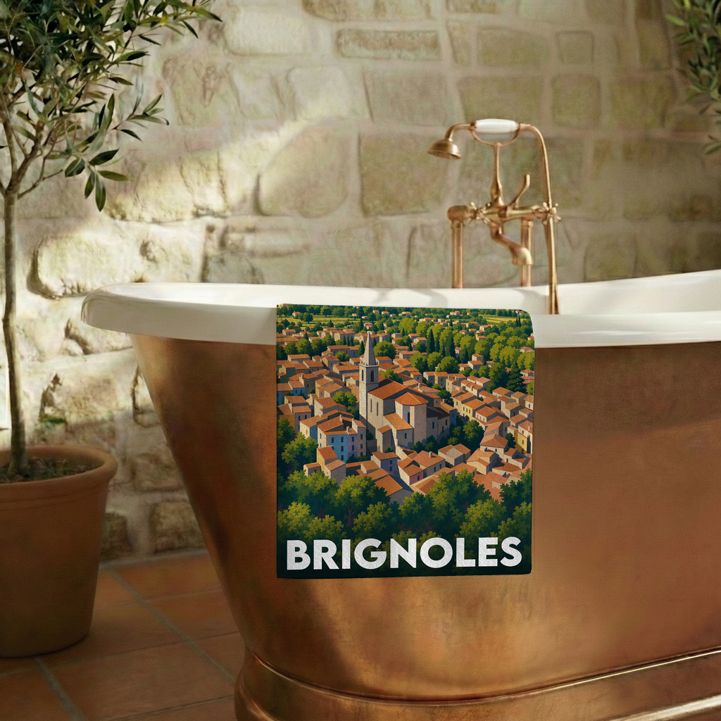 Serviette de bain souvenir de la ville de Brignoles avec une illustration stylisée du village.