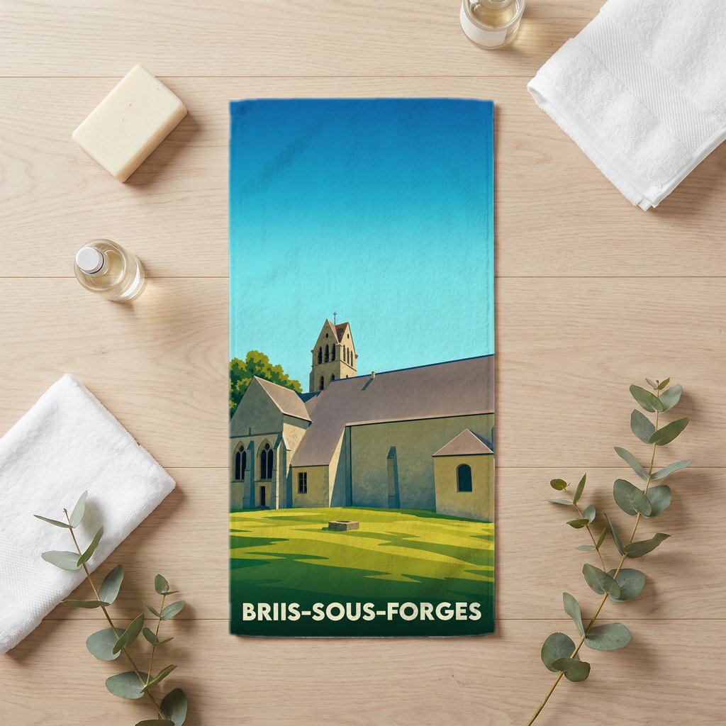 Serviette de bain souvenir de la ville de Briis-sous-Forges avec une illustration stylisée de son église.