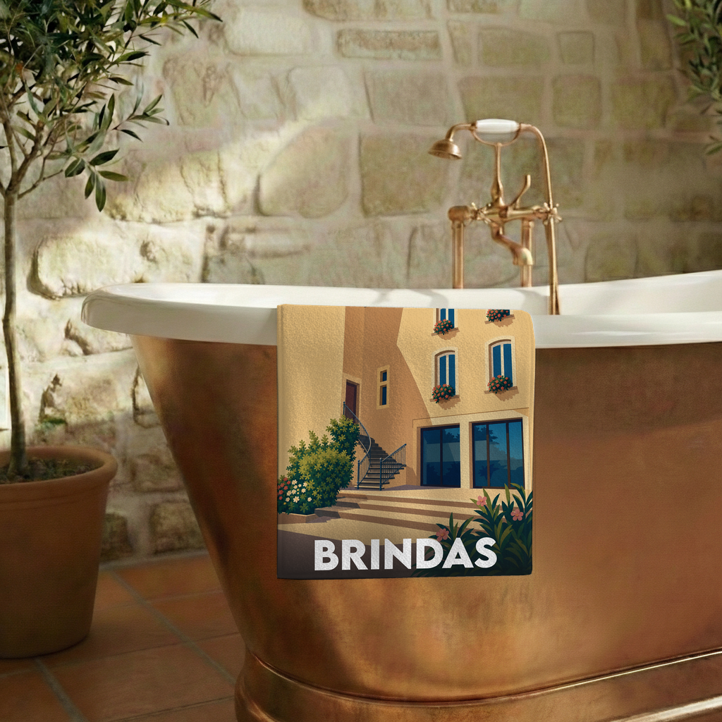 Serviette de bain souvenir de la ville de Brindas avec une illustration stylisée.