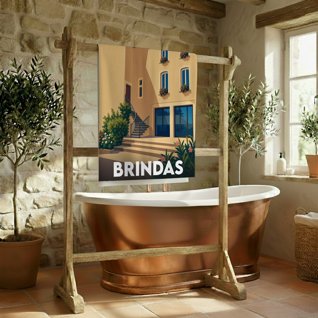 Serviette de bain souvenir de la ville de Brindas avec une illustration stylisée.