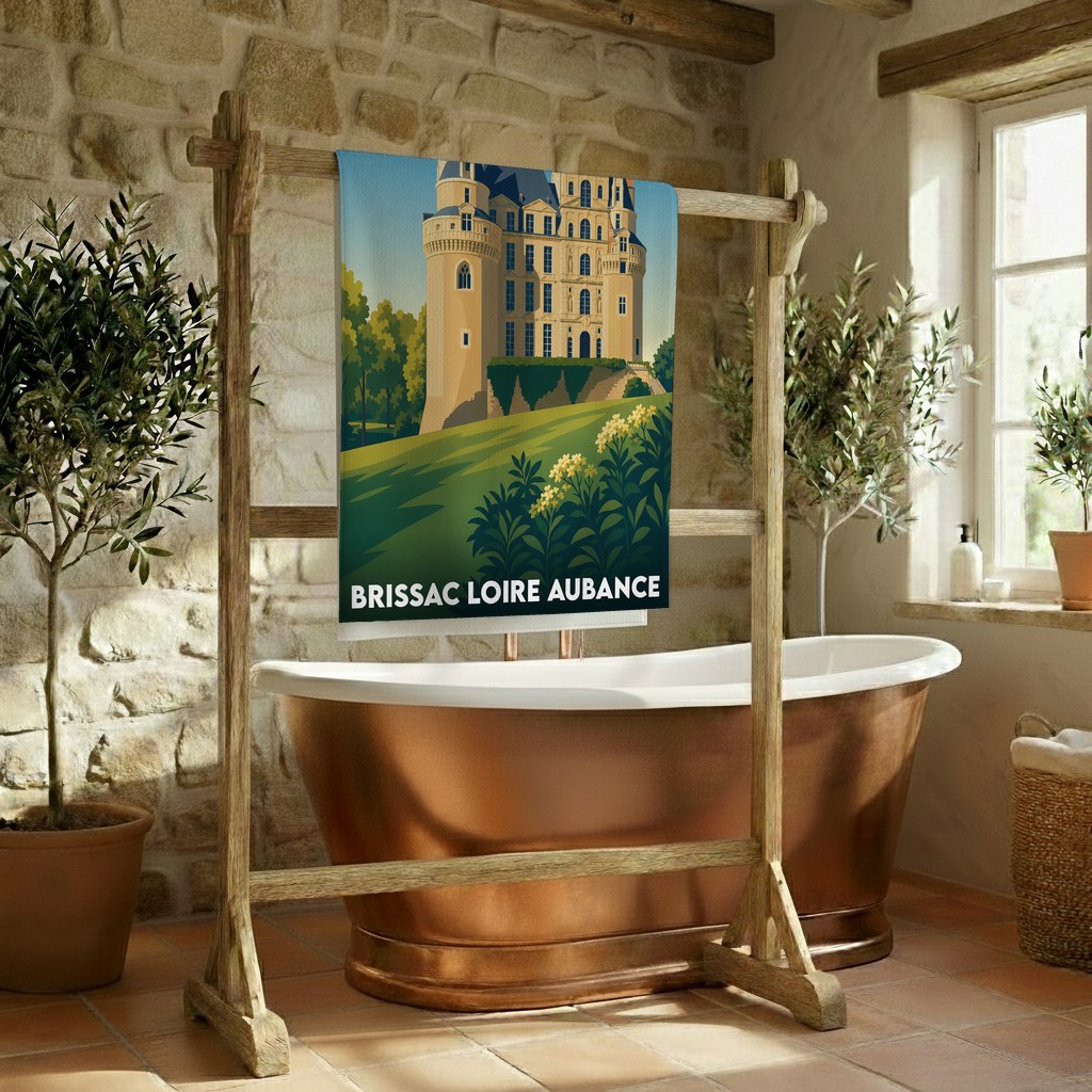 Serviette de bain souvenir de Brissac Loire Aubance avec une illustration stylisée du château local.