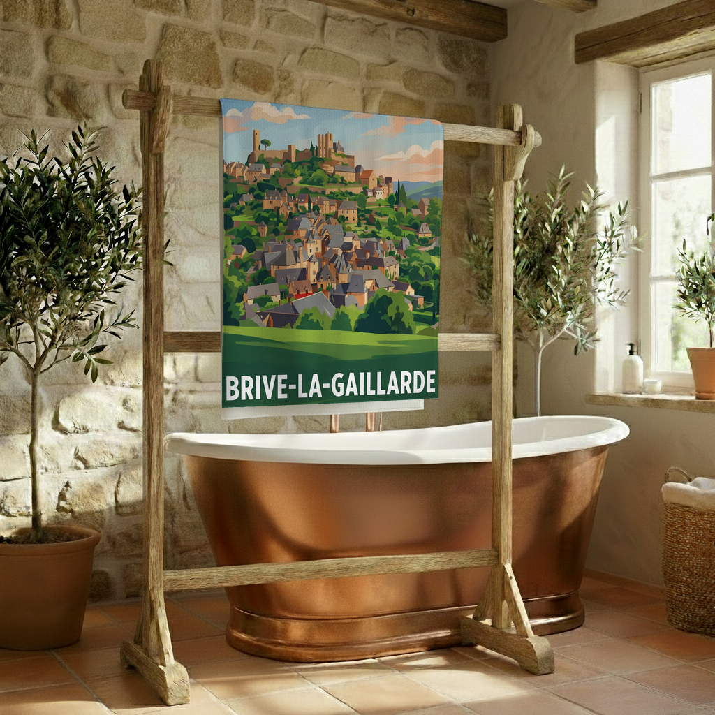 Serviette de bain souvenir de la ville de Brive-la-Gaillarde avec une illustration stylisée.