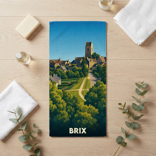 Serviette de bain souvenir de la ville de Brix illustrée d'un paysage urbain stylisé.