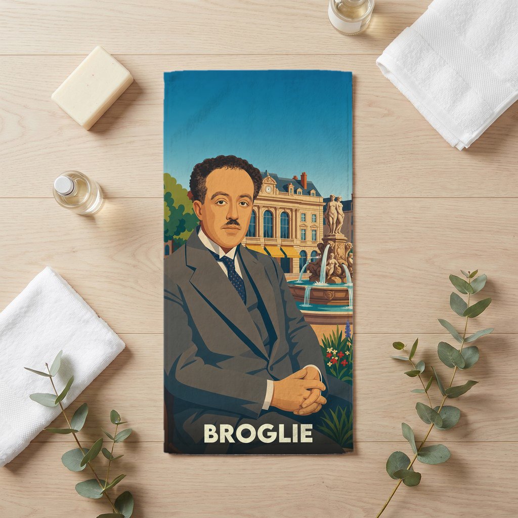 Serviette de bain souvenir de la ville de Broglie avec une illustration stylisée.