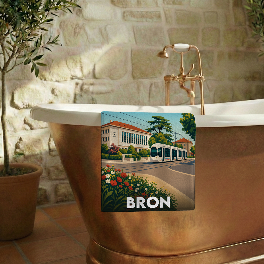 Serviette de bain souvenir de la ville de Bron avec une illustration stylisée.
