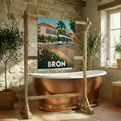 Serviette de bain souvenir de la ville de Bron avec une illustration stylisée représentant un tramway.
