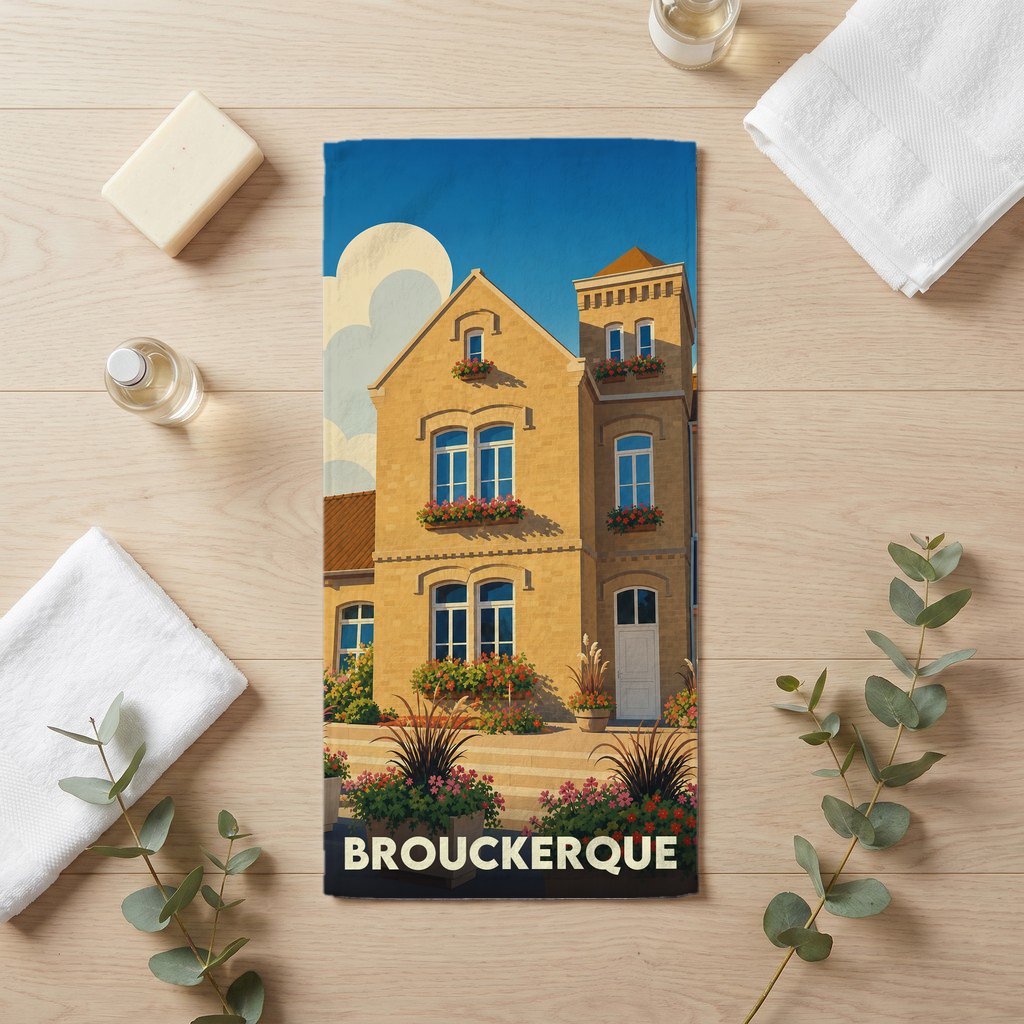 Serviette de bain souvenir de la ville de Brouckerque avec une illustration stylisée d'un bâtiment flamand.