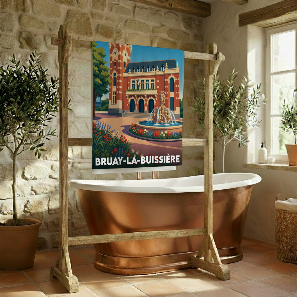 Serviette de bain souvenir de la ville de Bruay-la-Buissière avec une illustration stylisée.