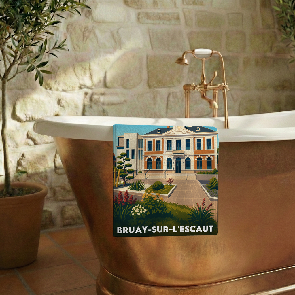 Serviette de bain souvenir de la ville de Bruay-sur-l'Escaut avec une illustration stylisée.