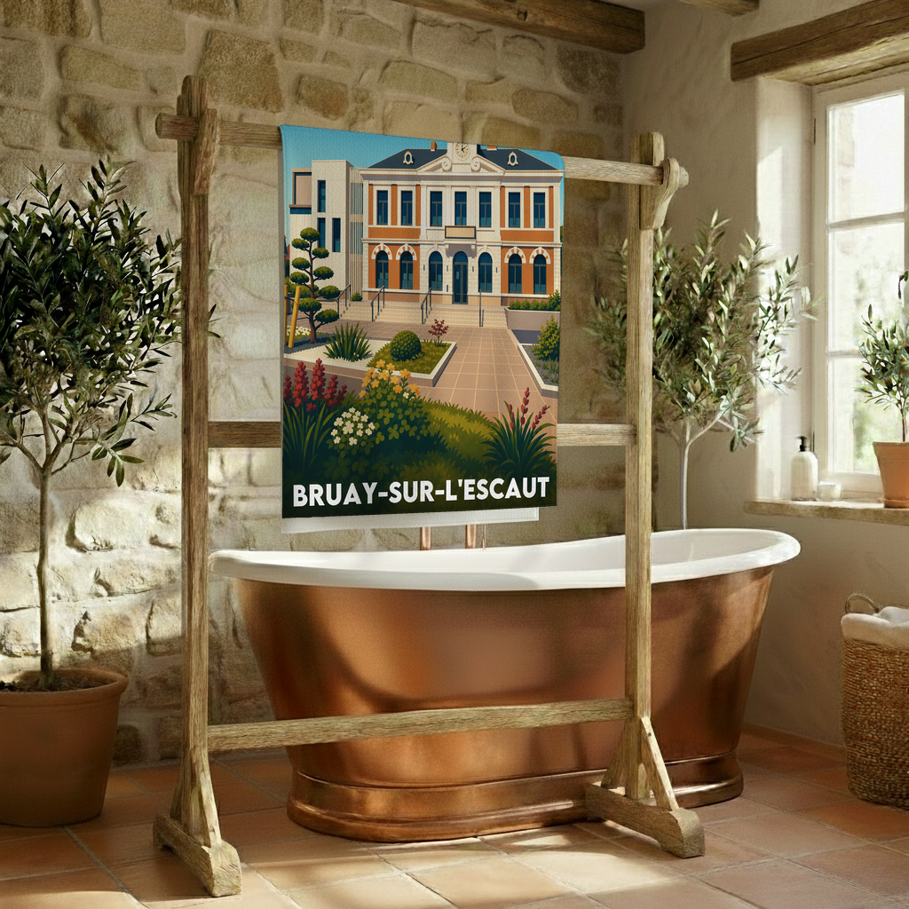 Serviette de bain souvenir de la ville de Bruay-sur-l'Escaut avec une illustration stylisée.
