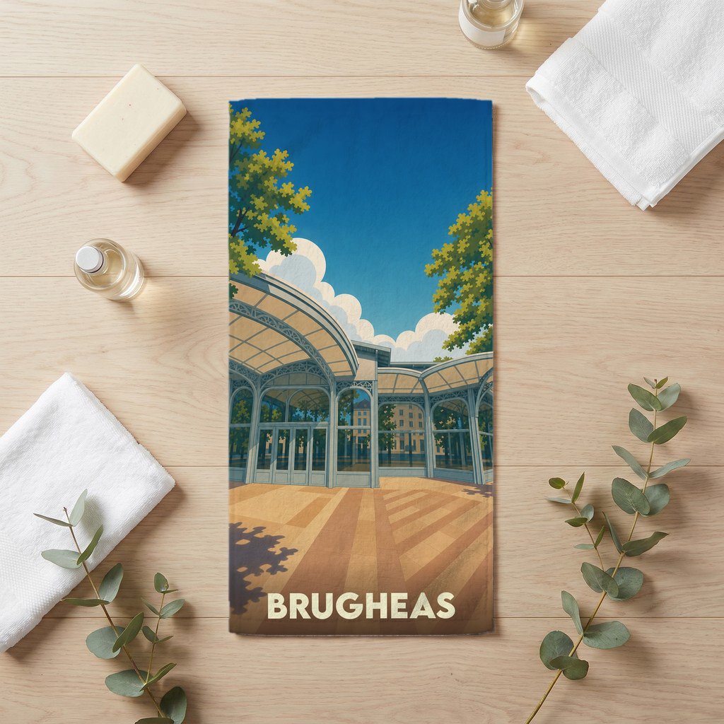 Serviette de bain souvenir de la ville de Brugheas avec une illustration stylisée.