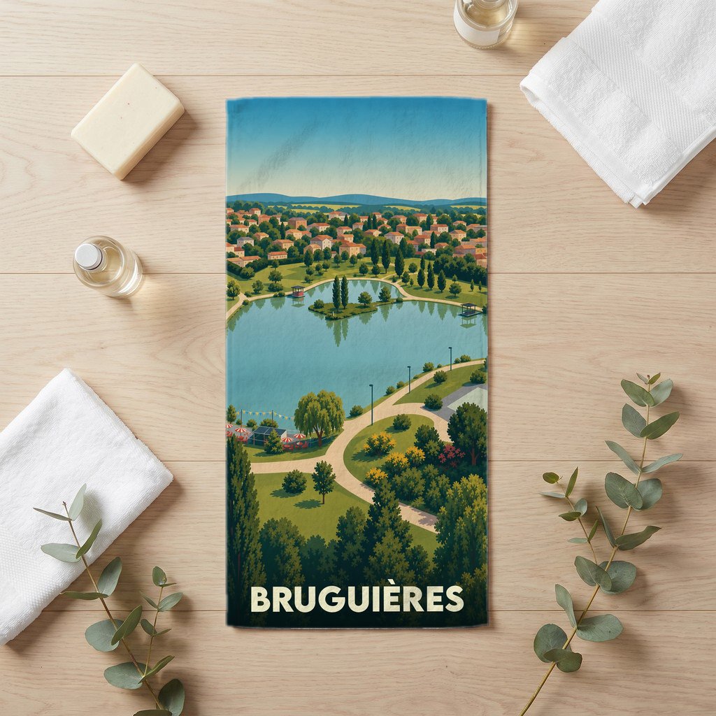 Serviette de bain souvenir de la ville de Bruguières avec une illustration stylisée de son lac et de son parc.