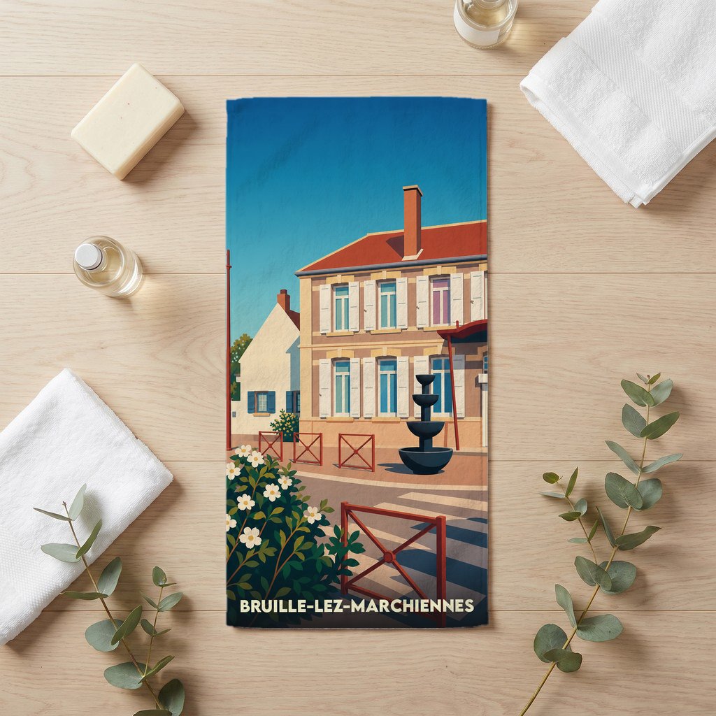 Serviette de bain souvenir de la ville de Bruille-lez-Marchiennes avec une illustration stylisée.