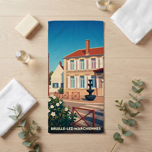 Serviette de bain souvenir de la ville de Bruille-lez-Marchiennes avec une illustration stylisée.