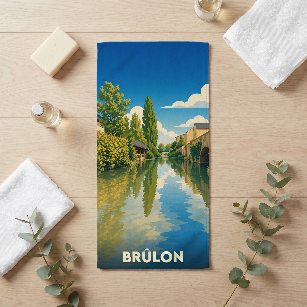 Serviette de bain souvenir de la ville de Brûlon avec une illustration stylisée d'un cours d'eau.