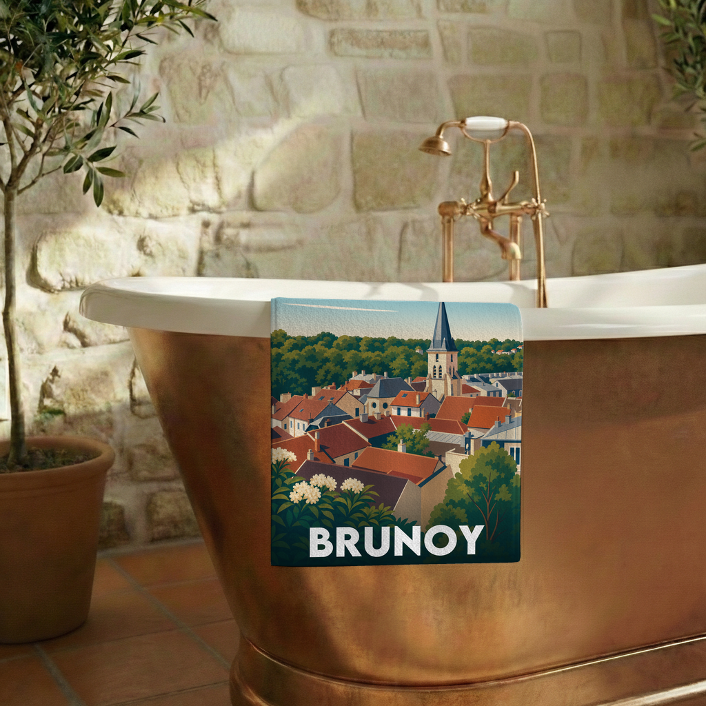Serviette de bain souvenir de la ville de Brunoy avec une illustration stylisée.