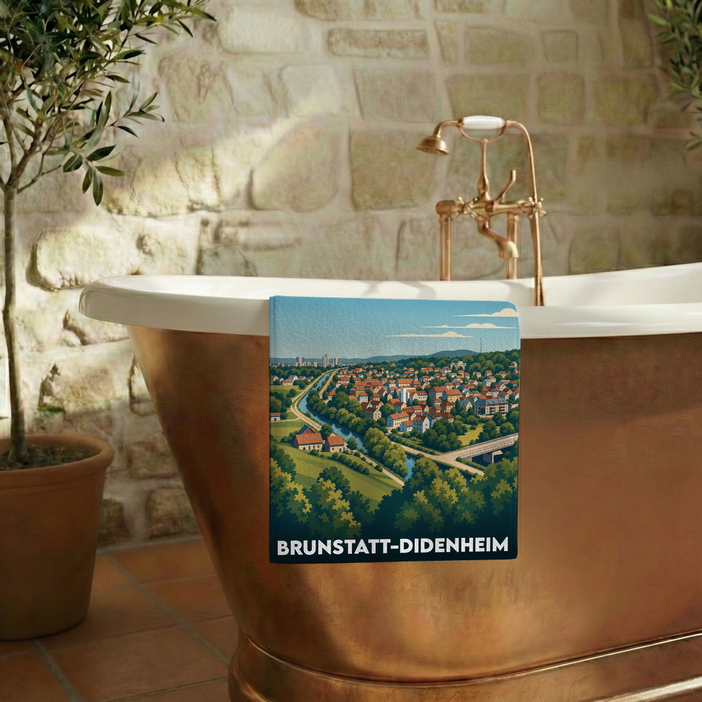 Serviette de bain souvenir de la ville de Brunstatt-Didenheim avec une illustration stylisée.
