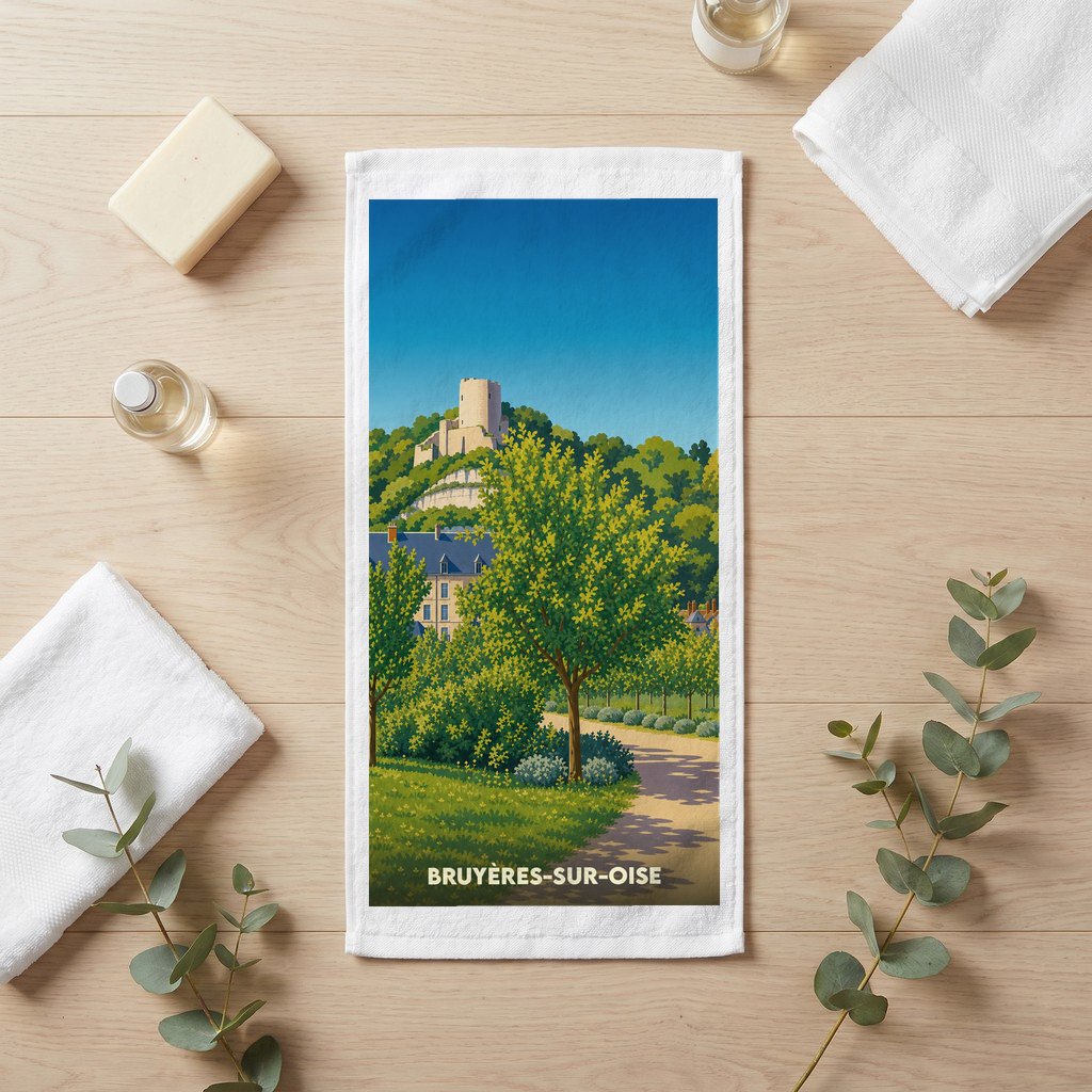 Serviette souvenir de la ville de Bruyères-sur-Oise avec une illustration stylisée de son paysage et patrimoine.