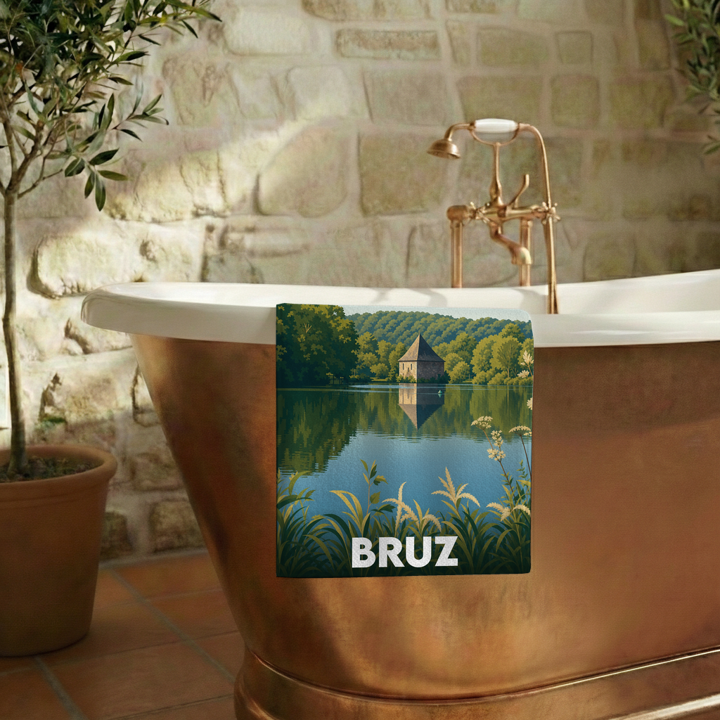Serviette de bain souvenir de la ville de Bruz avec une illustration stylisée.