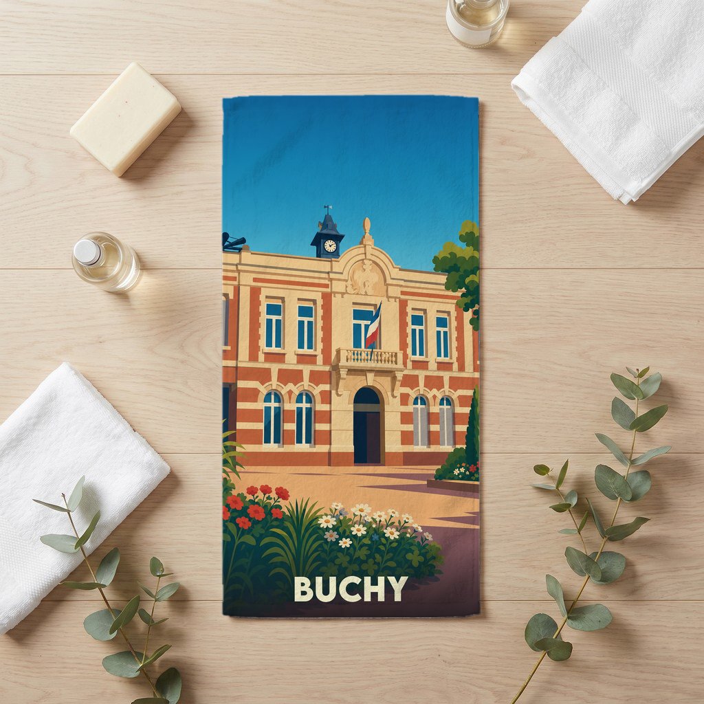 Serviette de bain souvenir de la ville de Buchy avec une illustration stylisée de son hôtel de ville.