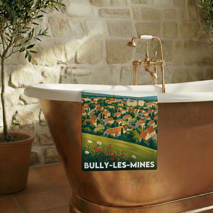 Serviette de bain souvenir de la ville de Bully-les-Mines avec une illustration stylisée.