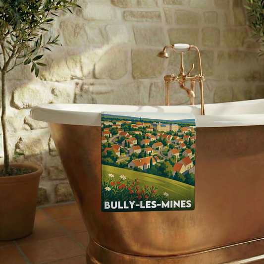 Serviette de bain souvenir de la ville de Bully-les-Mines avec une illustration stylisée.