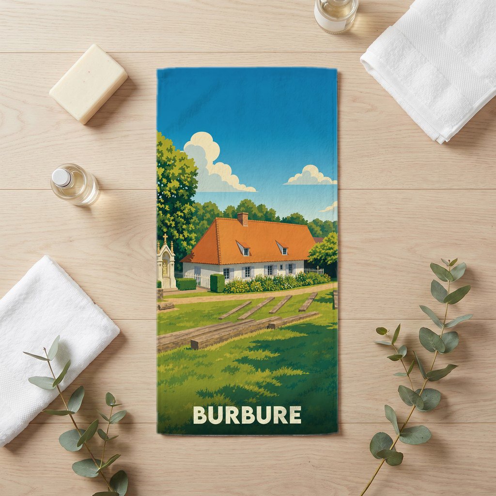 Serviette de bain souvenir de la ville de Burbure avec une illustration stylisée d'une maison traditionnelle.
