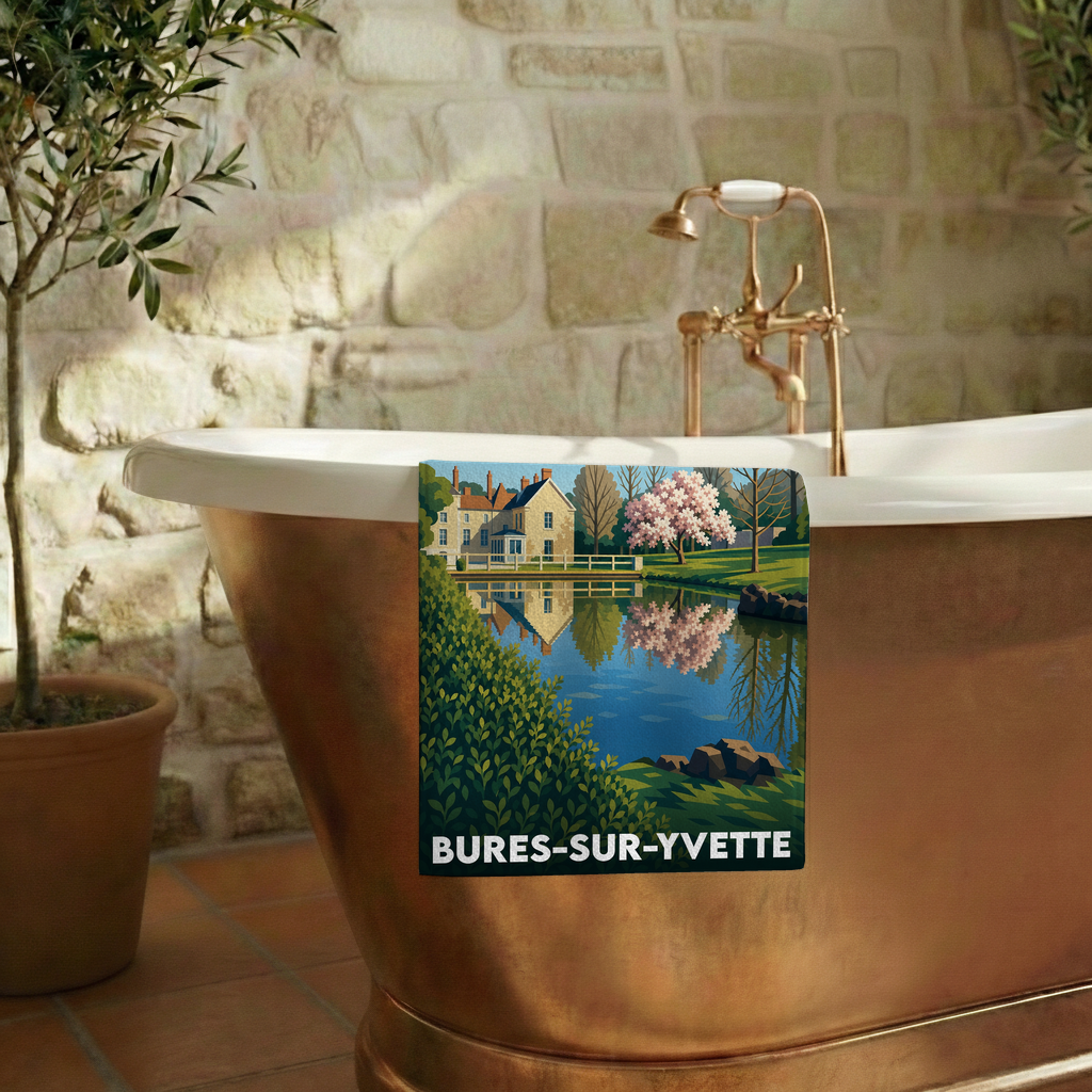 Serviette de bain souvenir de la ville de Bures-sur-Yvette avec une illustration stylisée d'un étang et d'un manoir.