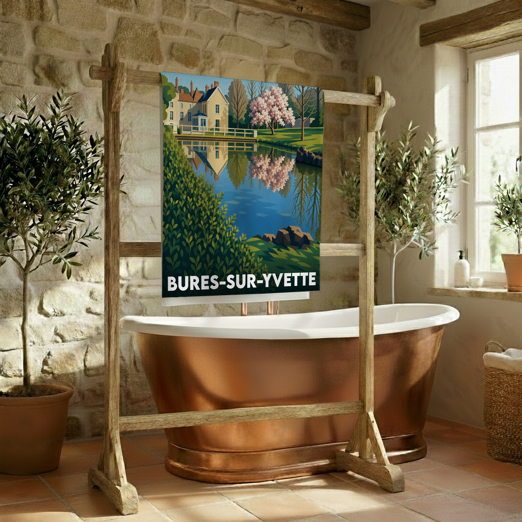 Serviette de bain souvenir de la ville de Bures-sur-Yvette avec une illustration stylisée.