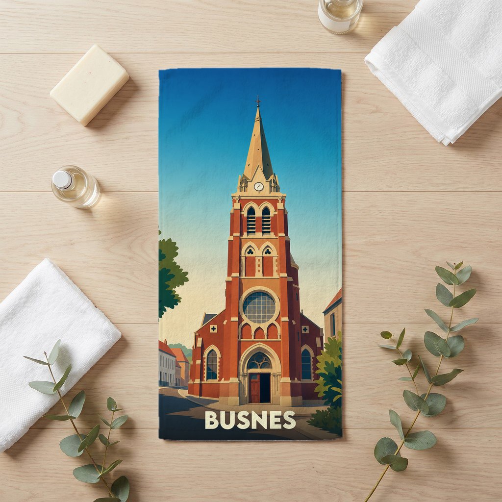 Serviette de bain souvenir de la ville de Busnes avec une illustration stylisée de son église.