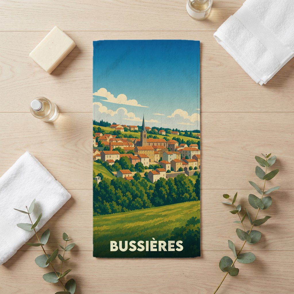 Serviette de bain souvenir de la ville de Bussières avec une illustration de paysage stylisée.